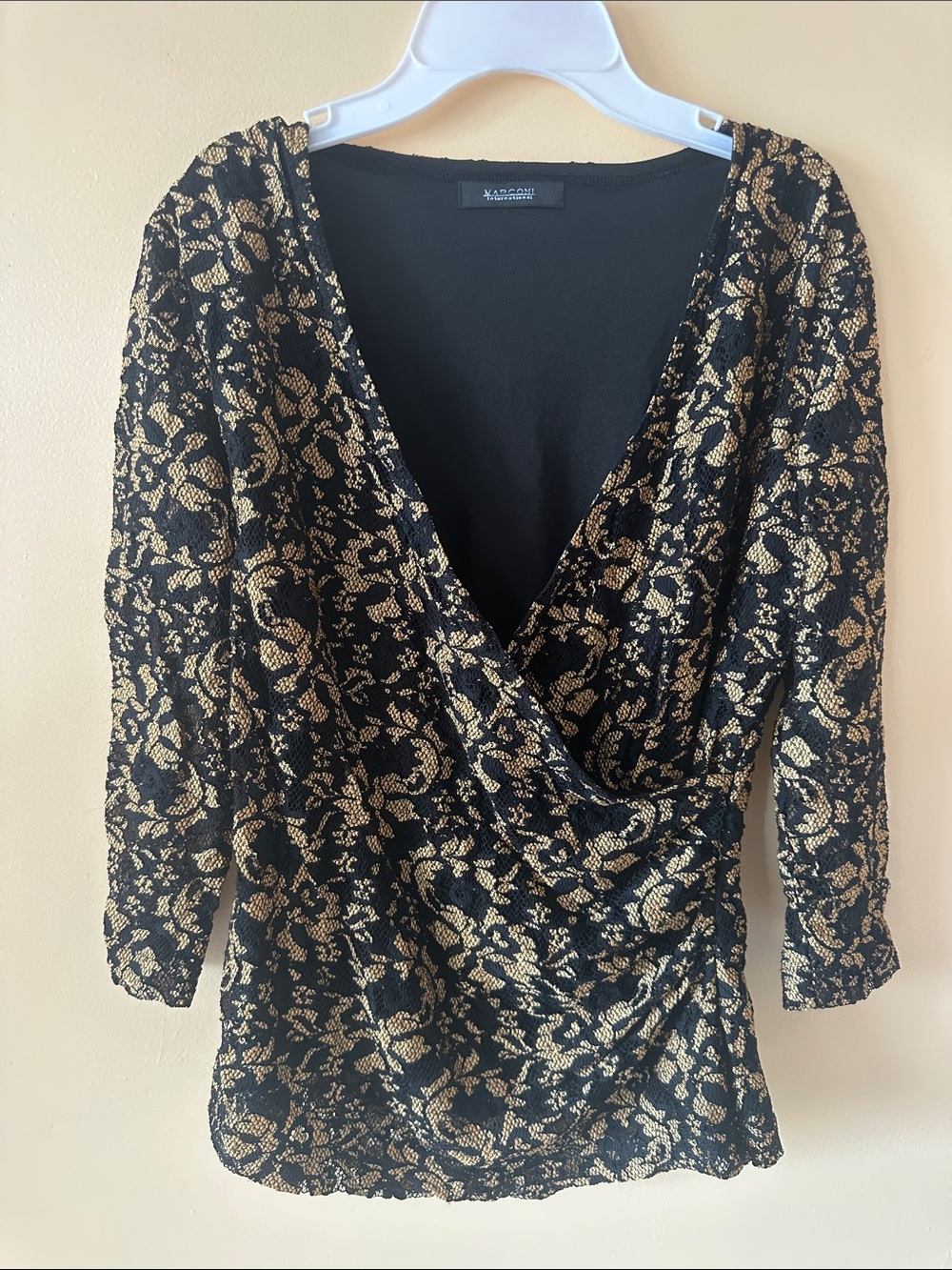 Vintage Marconi International Black & Gold Lace Faux Wrap Top